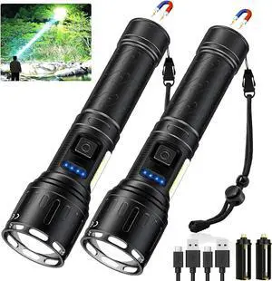 Rechargeable Magnetic Flashlights High Lumens, 100000 Lumens Super Bright LED Powerful Flashlight 8 Modes with COB Work Light, IPX7 Waterproof Handheld Tactical Flash Light for Emergency Camping