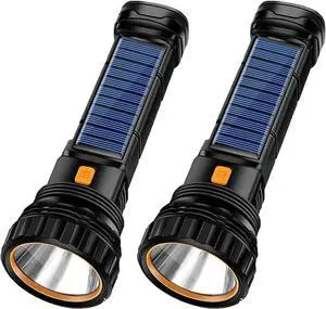 2pcs Solar/Rechargeable Multi Function 1000 Lumens LED Flashlight with Emergency Strobe Light and 1200 Mah Battery Emergency Power Supply and USB Charging Cable Fast Charging (2PC)