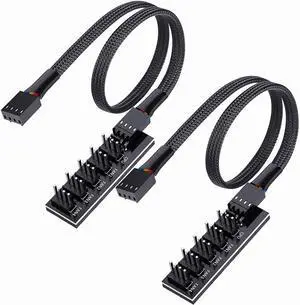 2 Pack Cooling Fan 1 to 5 Hub, All 4 Pin Cooling Fans Power Extension Cable for PC Case Internal Motherboard Fan, 5 Way Splitter Wire for ATX Computer Case, Sleeved Braided (16 inches)