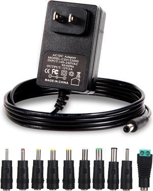 12V 2A Power Adapter Charger AC 12V Regulated Power Supply DC in 12 Volts 2000mA Power Cord with 10 Interchangeable DC Plug for LED Strip Light CCTV Camera GPS Webcam Router BT Speaker