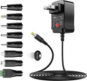 Universal AC/DC Adapter 12W Switching Power Cord 3V 4.5V 5V 6V 7.5V 9V 12V Charger Adapter with 9 Tips for Household Electronics Routers Speakers CCTV Cameras Smart Phone USB