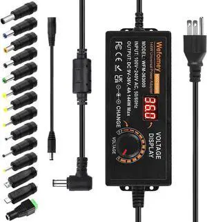 144W Universal Power Supply 9V 12V 14V 15V 16V 18V 19V 20V 24V 30V 36V Adjustable Variable Switching AC/DC Adapter, 100V-240V AC to DC 9V~36V 4A Converter with 14 Tips & Polarity Converter