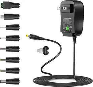 41W Universal Power Supply 6V 9V 12V 15V 18V 20V 24V Replacement AC/DC Adapter with 8 Selectable Round Tips, for 6Volt to 24Volt Household Electronics,1500mA Max.