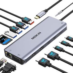 USB C Laptop Docking Station Dual Monitor, 14 in 1 USB C Hub Multiport Adapter with 2 HDMI 4K, VGA, RJ45 Ethernet, 10 Gbps USB C/A, 100W PD, SD/TF, 3.5MM Audio&Mic for Dell HP Lenovo Surface