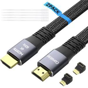 Flat HDMI Cable (2 Pack 15FT+ 15FT) 4K HDMI High Speed Braided Cord Pure Copper Supports 4K@60Hz 2160p 1080p HDR HDCP 2.2 ARC Full 3D (with 25 Ties and 2 HDMI Adapters)- 15 Feet-2 Pack Flat HDMI Cable (2 Pack 15FT+ 15FT) 4K HDMI High Speed Braided Cord Pure Copper Supports 4K@60Hz 2160p 1080p HDR HDCP 2.2 ARC Full 3D (with 25 Ties and 2 HDMI Adapters)- 15 Feet-2 Pack