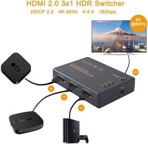 3 In 1 Out HDMI-compatible 2.0 Switch 4K 60Hz HDR HDCP 2.2 Dolby Vision 1080P 3D, 3x1 5 Ports 2.0 Switcher with IR Remote