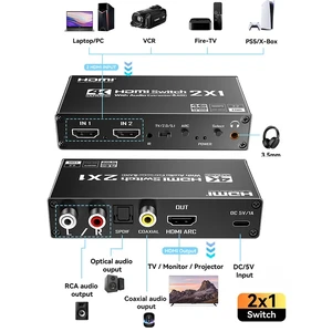 ,4K HDMI Switch Audio Extractor 2 in 1 out with ARC Return HDMI Switcher 2x1 with R/L+Toslink SPDIF+COAXIAL Audio Out for PC TV ,4K HDMI Switch Audio Extractor 2 in 1 out with ARC Return HDMI Switcher 2x1 with R/L+Toslink SPDIF+COAXIAL Audio Out for PC TV