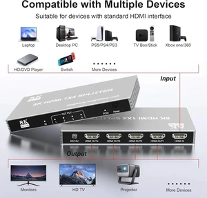 8K 1 in 4 out,8K 60Hz HDMI Splitter 1 in 4 out 4K 120Hz HDMI 2.1 Video Distributor Splitter 1x4 Copy Screens Converter 48Gbps HDCP 2.3 HDR VRR 8K 1 in 4 out,8K 60Hz HDMI Splitter 1 in 4 out 4K 120Hz HDMI 2.1 Video Distributor Splitter 1x4 Copy Screens Converter 48Gbps HDCP 2.3 HDR VRR