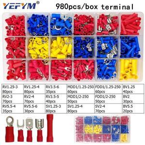 First picture~Box assorted full insulated fork U-type set terminals connectors assortment kit electrical wire crimp spade ring terminal(Red 980Pcs box
)