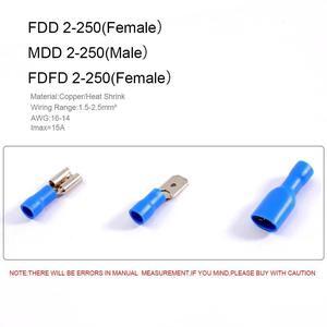 First picture~60Pcs FDD/FDFD/MDD 6.0mm Terminal 3colors Female Male Spade Insulated Electrical Crimp Terminal Connectors Wiring Cable plug(Beige 60Pcs Set-Blue
)