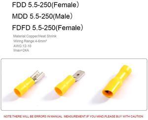 First picture~60Pcs FDD/FDFD/MDD 6.0mm Terminal 3colors Female Male Spade Insulated Electrical Crimp Terminal Connectors Wiring Cable plug(Brown 60Pcs Set-Yellow
)
