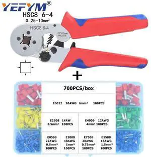First picture~HSC8 6-4 ferrule Crimping pliers 0.25-10mm² Automatic crimping wire crimper tools mini electrician suit kit with terminals box(Green, Purple HSC8 6-4 700H
)