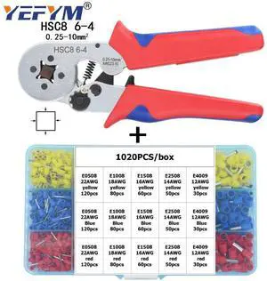 First picture~HSC8 6-4 ferrule Crimping pliers 0.25-10mm² Automatic crimping wire crimper tools mini electrician suit kit with terminals box(Red, Silver HSC8 6-4 1020H
)