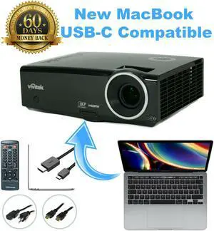 ViviTek D837 DLP Projector 3200 Lumens - New MacBook iOS USB-C Compatible for Multipurpose Use with Accessories