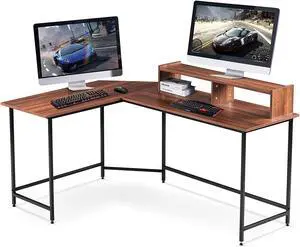 L-Shaped Computer Office Desk, Modern Gaming Corner Desk with Monitor Stand, Home Office Study Writing Table Workstation for Small Ses 6404 (Brown)