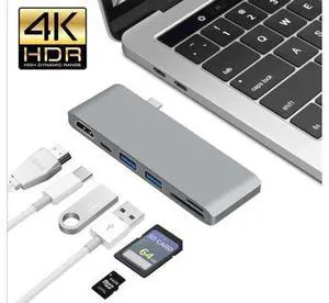 USB C Hub, 6 in 1 Multi Port Type C to HDMI Adapter, Type C Combo Hub with 4K HDMI, SD/MicroSD Card Reader, 2 USB 3.0 Ports, USB-C Charging Port for MacBook, iMac, ChromeBook etc- Gray