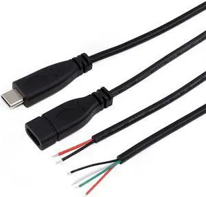 20cm Black Type-c Usb FeMale male  Plug 2 4 wire Power Cable Cord stripped Maximum current 3A for Raspberry pie DIY