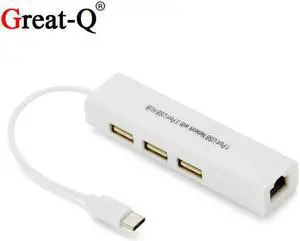Great-Q USB-C Type C USB 3.1 Male  to 100M rj45 rj-45  Ethernet Network LAN Adapter cable cord usb 2.0 HUB for  Macbook  Laptop