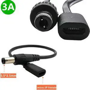 DC 5.5mm x 2.5mm Male to Micro USB 5pin Female DC Power Supply Extension 22AWG 3A Adapter Cable