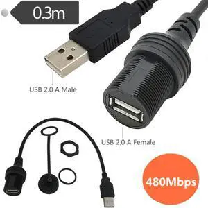 USB2.0 A Male to A Female AUX Flush Panel Mount Extension Cable for Car Truck Boat Motorcycle