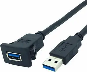 Dual USB 3.0 A Male to Female Snap in Panel Mount Extension Black Cable Dual USB 3.0 A Male to Female Snap in Panel Mount Extension Black Cable