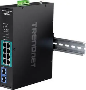 TRENDnet 10-Port Industrial Gigabit PoE+ Switch, WideTemperature Range -20° – 65°C (-4° – 149°F), DIN Rail Switch, 50-55V DC, 8 x Gigabit PoE+ Ports, 2 x Gigabit SFP Slots, TI-PGM102, Black