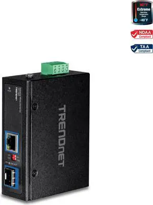 TRENDnet Hardened Industrial 100/1000 Base-T To SFP Media Converter, DIN-Rail And Wall Mount Hardware Included, Multi Or Single Mode Fiber, Power Supply Sold Separately, Black, TI-F11SFP