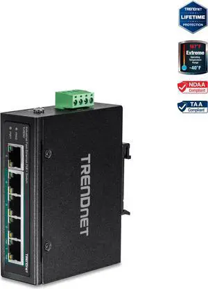 TRENDnet 5-Port Industrial Unmanaged Fast Ethernet PoE+ DIN-Rail Switch, TI-PE50, 4 x Fast   Ethernet PoE+, 1 x Fast Ethernet, 200W Power Budget, IP50 Rated, NDAA TAA Compliant,   Lifetime Protection