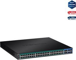 TRENDnet 52-Port Gigabit Web Smart PoE+ Switch, 48 Gigabit PoE+ Ports, 4 Shared Gigabit Ports (RJ-45 Or SFP), 370W PoE Power Budget, 104Gbps Switching Capacity, Lifetime Protection, Black, TPE-5240WS