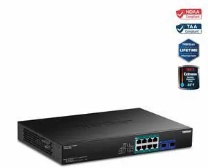 TRENDnet 10-Port Gigabit PoE++ Switch, TPE-BG102g, 8 x Gigabit  PoE++ Ports, 2 x Gigabit SFP Ports, 240W PoE Power Budget, 20Gbps,  Internal Power Supply, Lifetime Protection, Black
