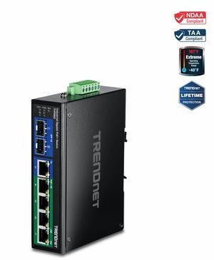 TRENDnet 7-Port Industrial Gigabit PoE+ DIN-Rail Switch, TI-PG62, 4 x Gigabit PoE+ Ports, 1 x Gigabit Port, 2 x Gigabit SFP Ports, 120W PoE Power Budget, NDAA+TAA Compliant, Lifetime Protection