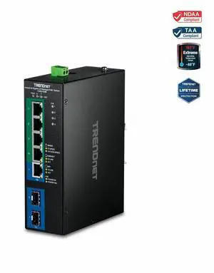 TRENDnet 7-Port Industrial Gigabit L2 Managed PoE+ DINRail Switch 24  57V, TI-PG743Bi, Ethernet Splitter, 120W@48V DC or 120W@24V DC, 14Gbps, NDAA & TAA Compliant, IP40 Rated