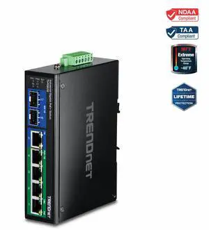 TRENDnet 7-Port Industrial Gigabit PoE+ DIN-Rail Switch (12  56V), TI-PG62B, 4 x Gigabit PoE+  Ports, 1 x Gigabit Port, 2 x Gigabit SFP Ports, NDAA+TAA Compliant, Lifetime Protection