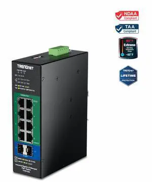 TRENDnet 10-Port Industrial Gigabit L2 Managed PoE+ DINRail Switch 24  57V, TI-PG103i, 8 x Gigabit PoE+ Ports, 2 x SFP Ports, 20Gbps, IP40, Ethernet Splitter, NDAA & TAA Compliant