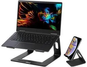 Laptop Stand, efind Aluminum Portable Computer Stand & Phone Stand Combination, Lightweight, Detachable Laptop Riser Notebook Stand Compatible with More 10''-15.6'' Laptop, MacBook Pro/Air-(Black)