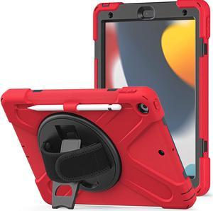 iPad 10.2 9th Generation Case, Shockproof Heavy Duty, Kickstand, Handstrap, Carrying Sling Strap, Pencil Holder, Cover for Apple iPad 10.2 inch 9th 8th 7th Gen 2021/2020/2019 Shield Red