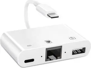 Lightning to RJ45 Ethernet Adapter, [Apple MFi Certified] 3 in 1 LAN Wired Ethernet Adapter with USB 3.0 Camera Adapter and Charge Port Support USB Flash Drive, Keyboard, Mouse, for iPhone/iPad/iPod