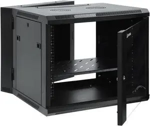 9U Professional Wall Mount Server Cabinet Enclosure Double Section Hinged Swing Out 19-Inch Server Network Rack with Locking Glass Door Black (Fully Assembled)