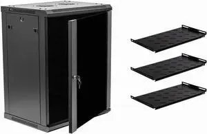 NavePoint 15U Deluxe IT Wallmount Cabinet Enclosure 19-Inch Server Network Rack with Locking Glass Door 16-Inches Deep Black with Shelves