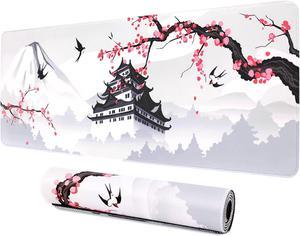 Japanese Cherry Blossom White Gaming Mouse Pad XXL Large Gaming Laptop Anime Mouse Pad Sakura Big Desk Pads Extended PC Keyboard Waterproof and Non-Slip 31.5x11.8inches Mices Pad Japan