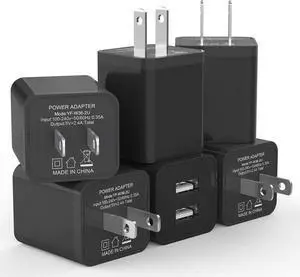 6Pack USB Wall Charger 2.4A Phone Charger Dual USB Port Cube Power Plug Adapter Fast Wall Chargers Block Compatible with iPhone 16/16 Pro/15/15 Pro  Galaxy Pixel LG Android-Black