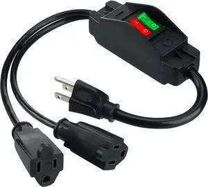 Power Cord Extension Y Splitter with ON Off Switch Plug Splitter 2 Way Outlet Adapter NEMA 5-15R to 1 NEMA 5-15P with 14AWG 15A/125V and 18AWG 10A/125V Sub Line for Indoor Outdoor Use (Black, 1.8 Ft)