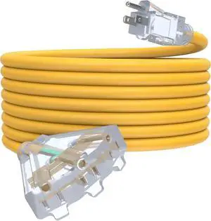 25Ft 12/3 Outdoor Extension Cord with 3-Outlets, Heavy Duty 12 Gauge 3 Prong Extension Cord Waterproof with Lighted end, 15A 12AWG 1875W SJTW, ETL Listed - Great for Garage, Garden and Home, Yellow