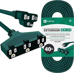 Indoor/Outdoor Extension Cord with 3 Outlets - 40 Ft Multi-Outlet 1625W Wire, 16/3 SJTW Grounded Plug - for Outside & Indoor Use, Waterproof & Weather Resistant - Green- ELECTERY ETL Listed