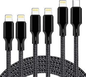USB C to Lightning Cable 5 Pack 3/3/6/6/10FT iPhone Charger  MFi Certified Power Delivery Fast Charging Cord Compatible with iPhone 14/13/12/11/XS/XR/X/8 - Black