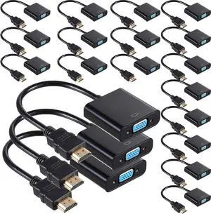 20 Pack HDMI to VGA Adapter Converter Bulk Gold Plated Black HDMI to VGA Cable (Male to Female) Compatible with Computer Desktop Laptop PC Monitor HDTV Roku Projector Xbox Raspberry Pi