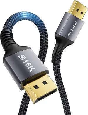 Stouchi Displayport 2.1 Cable 10FT/3M, 80Gbps [16K@60Hz, 8K@120Hz, 4K@240Hz, 1080P@360Hz] HDR, HDCP, DSC 1.2a, FreeSync G-Sync DP Cable for Gaming Monitor, RTX 5090, RX 9070, RTX 6000 Ada