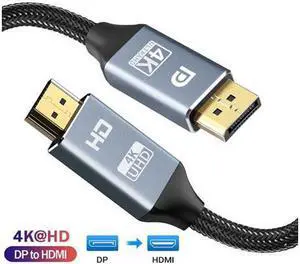 DisplayPort to HDMI Cable, Hannord [High Speed 4K 30Hz UHD, 2K 60Hz, 1080P 120Hz] Uni-Directional Nylon Braided Gold-Plated DP to HDMI Cord Display Port to HDMI Male Connector - 6Feet