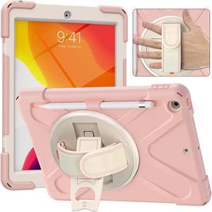 iPad 10.2 9th 8th 7th Gen Case, Shockproof Heavy Duty Rugged Stand Pencil Holder Carrying Strap Sling for Apple iPad 10.2 inch 2021/2020/2019 [Shield Cherry Blossom Pink]