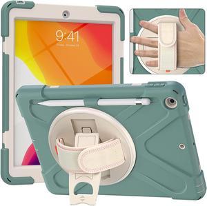 iPad 10.2 9th 8th 7th Gen Case, Shockproof Heavy Duty Rugged Stand Pencil Holder Carrying Strap Sling for Apple iPad 10.2 inch 2021/2020/2019 [Shield Emerald Green]